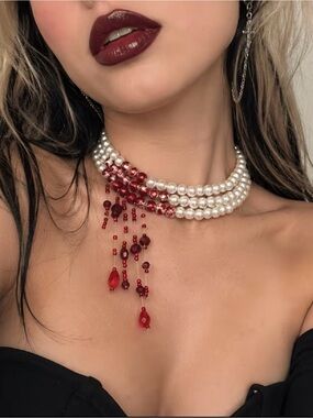 Elegant Pearl Choker Necklace with Red Beaded Fringe